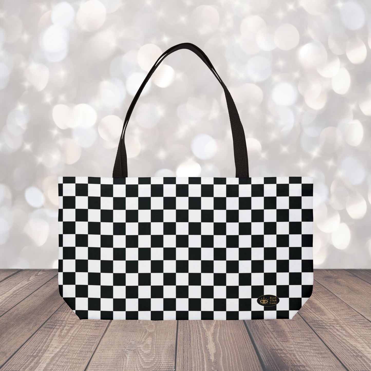 Black White Checkered Weekender Bag, 24 Inch Large Tote with Black Lining, Racing Travel Bag