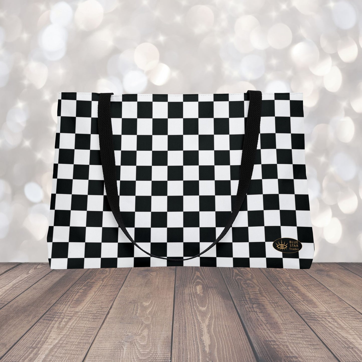 Black White Checkered Weekender Bag, 24 Inch Large Tote with Black Lining, Racing Travel Bag