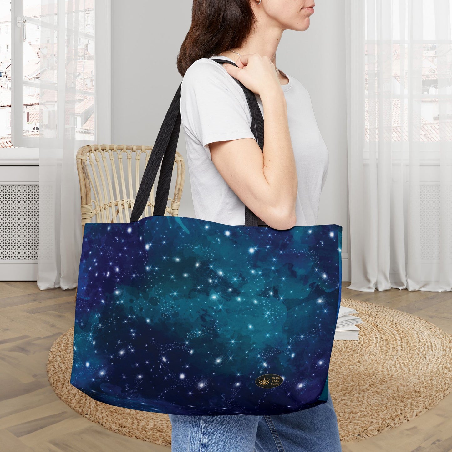 Blue Galaxy Weekender Bag, 24 Inch Large Tote with Black Lining, Celestial Stars Beach Bag