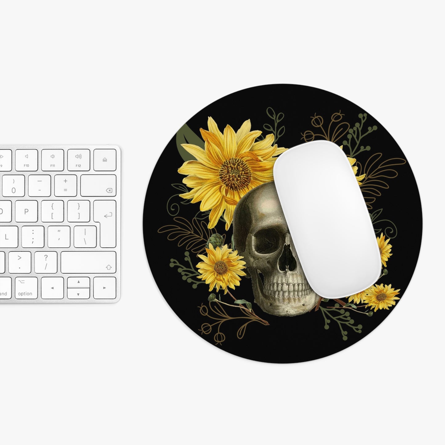 Gothic Skull and Sunflowers Mouse Pad (Round or Rectangle) Cute Goth Floral Office Accessories