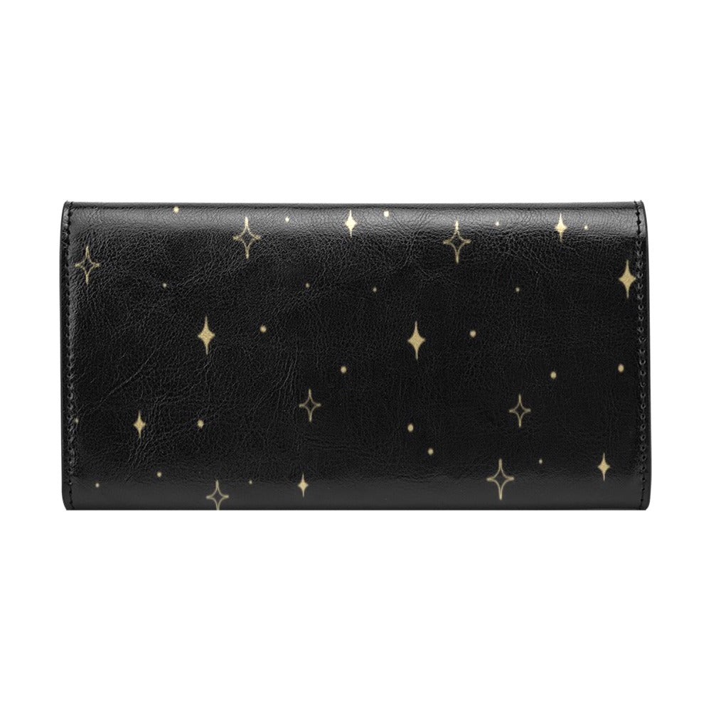 Moon and Lotus Flower Black Trifold Wallet Womens 7.5 Inch
