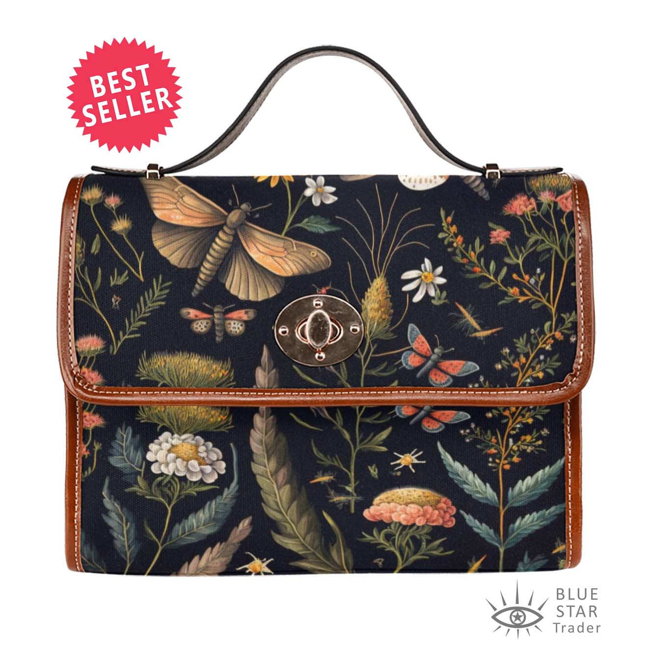 Botanical Moths Purse, Dragonflies Handbag, Cottagecore Canvas Satchel bag, Witchy Purse