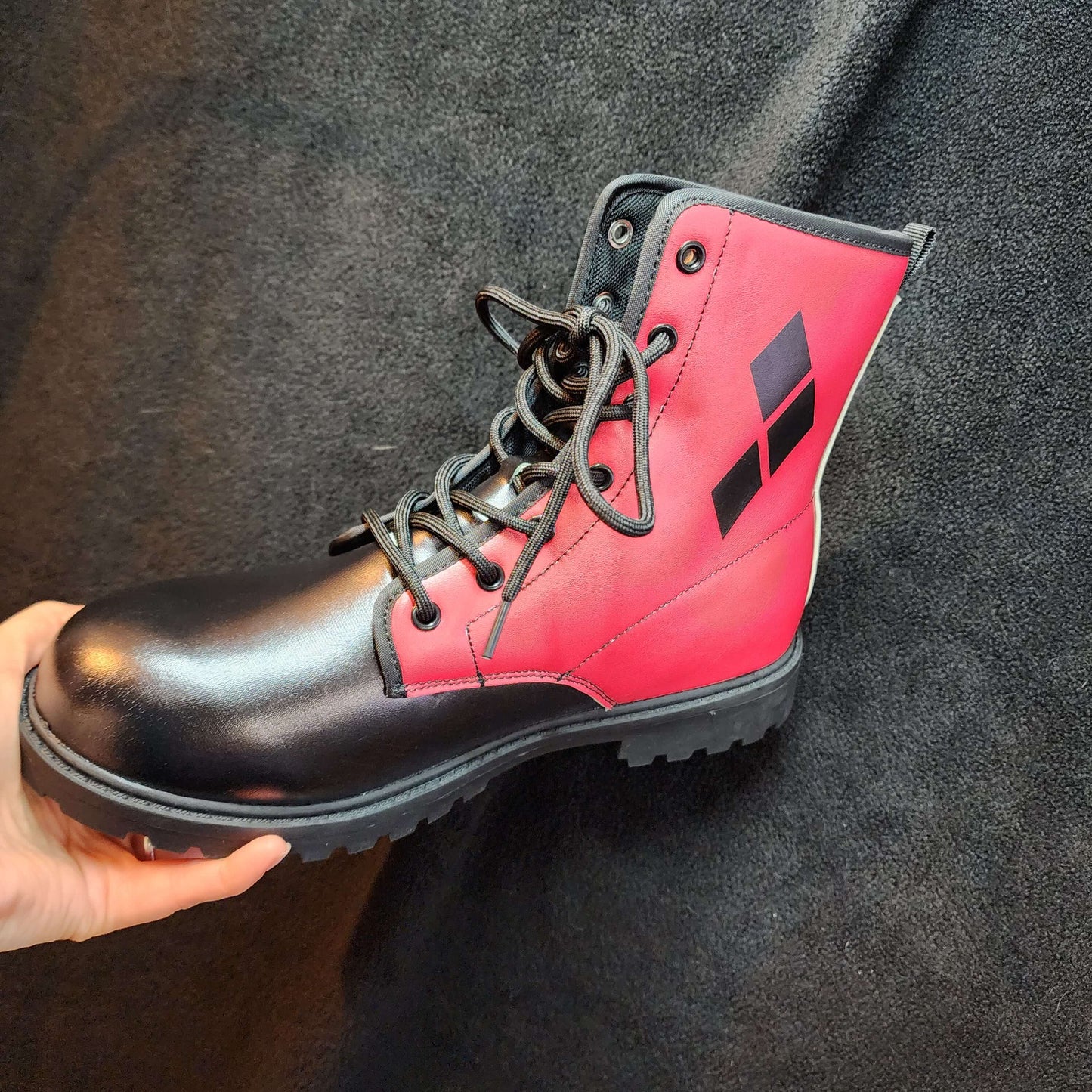 Harley Red 3 Diamonds Vegan Boots Mens Womens Ms. Quinn Inspired
