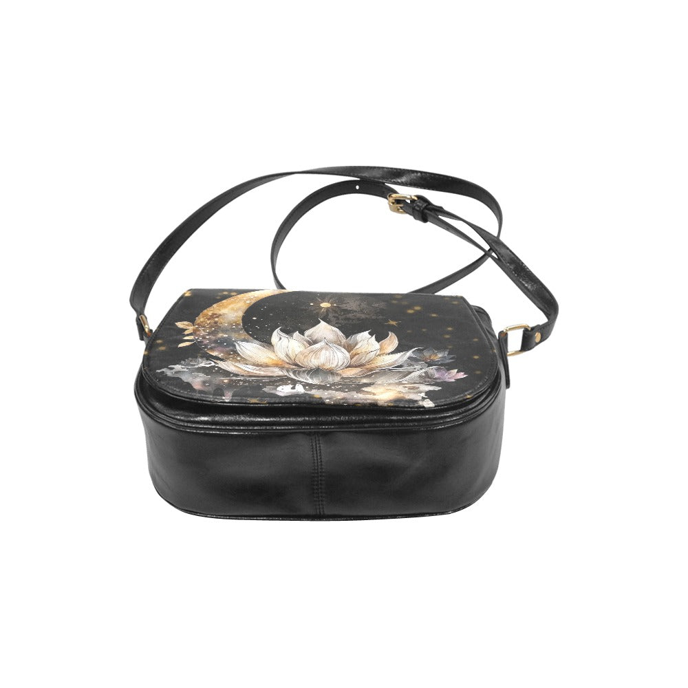 dark cottagecore witchy crescent moon lotus flower purse, crossbody bag