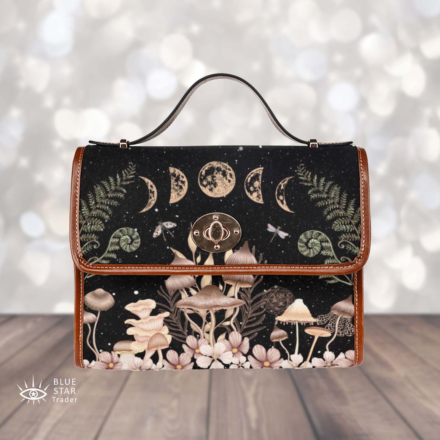 Elegant Mushrooms Cross Body Purse, Vegan, Cottagecore Witch Canvas Satchel bag