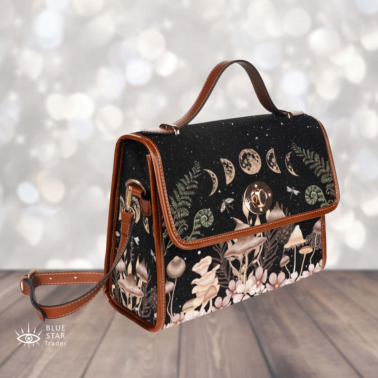 Elegant Mushrooms Cross Body Purse, Vegan, Cottagecore Witch Canvas Satchel bag