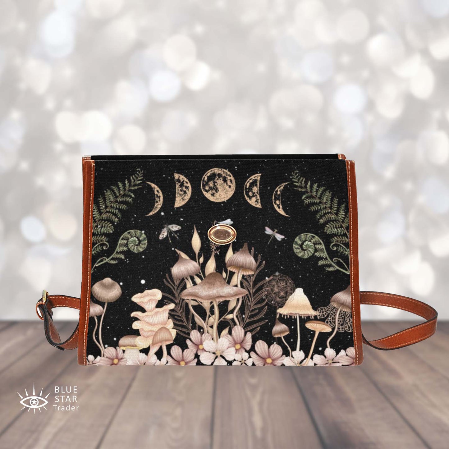 Elegant Mushrooms Cross Body Purse, Vegan, Cottagecore Witch Canvas Satchel bag