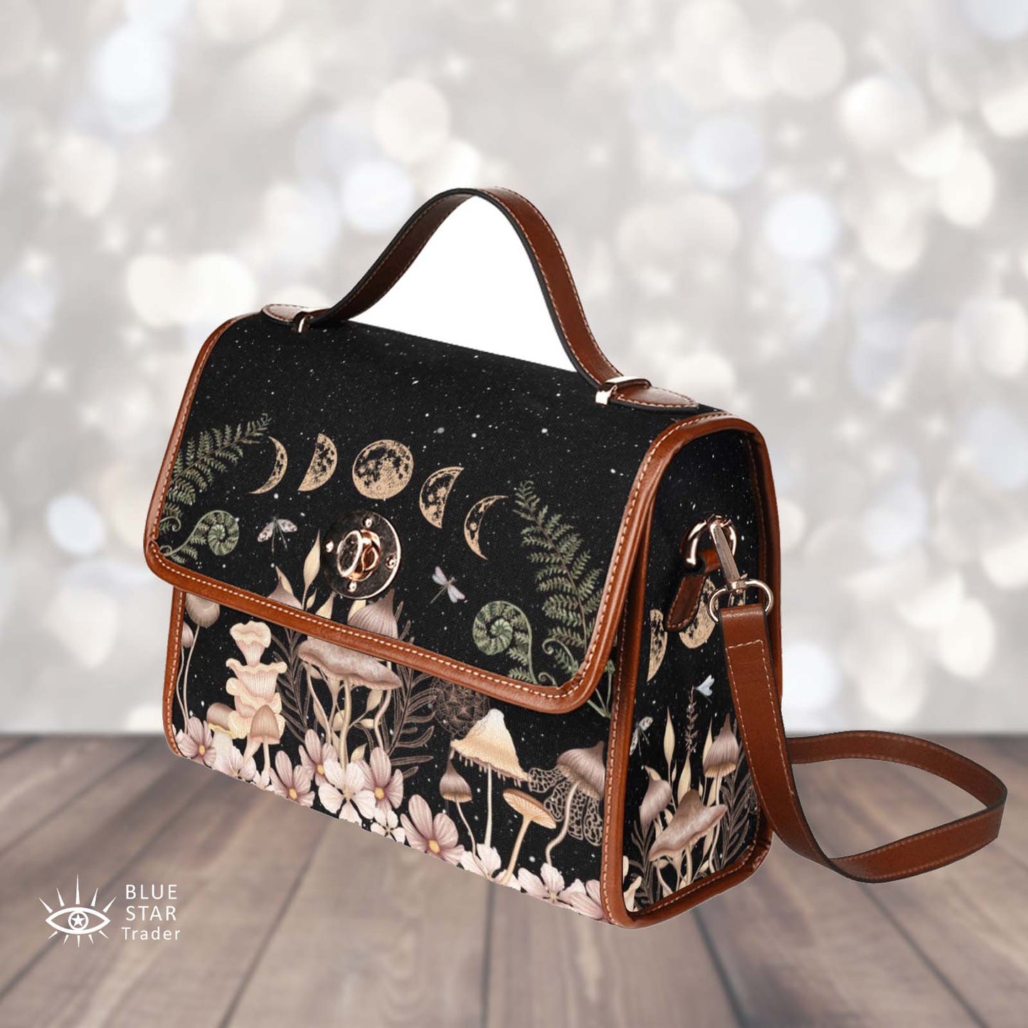 Elegant Mushrooms Cross Body Purse, Vegan, Cottagecore Witch Canvas Satchel bag
