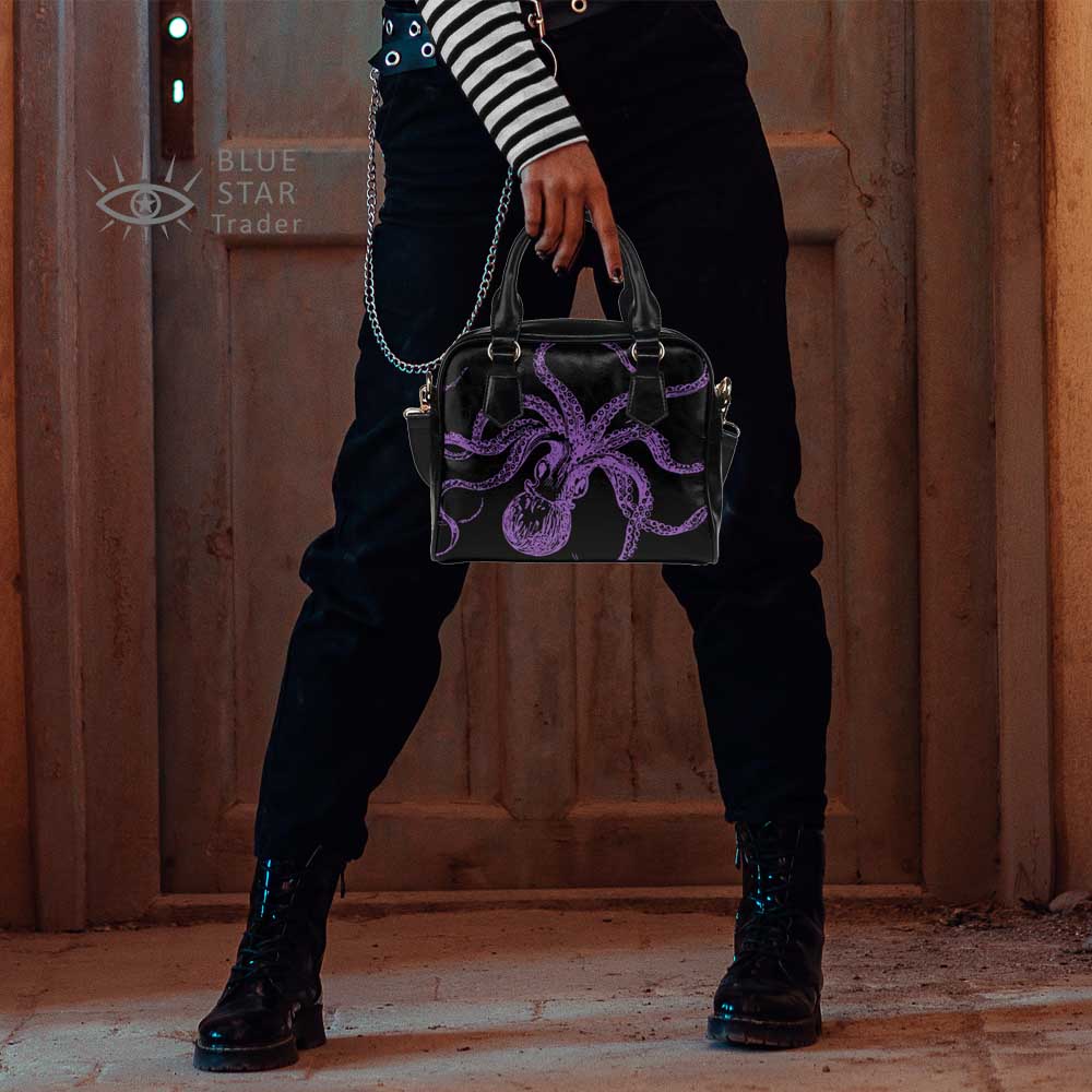Black and Light Purple Octopus Tentacles Purse, Goth Bowler Bag