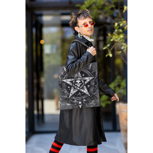 Gray Witchy Goth Pentacle Tote Bag, Celtic Pentagram Grocery Bag