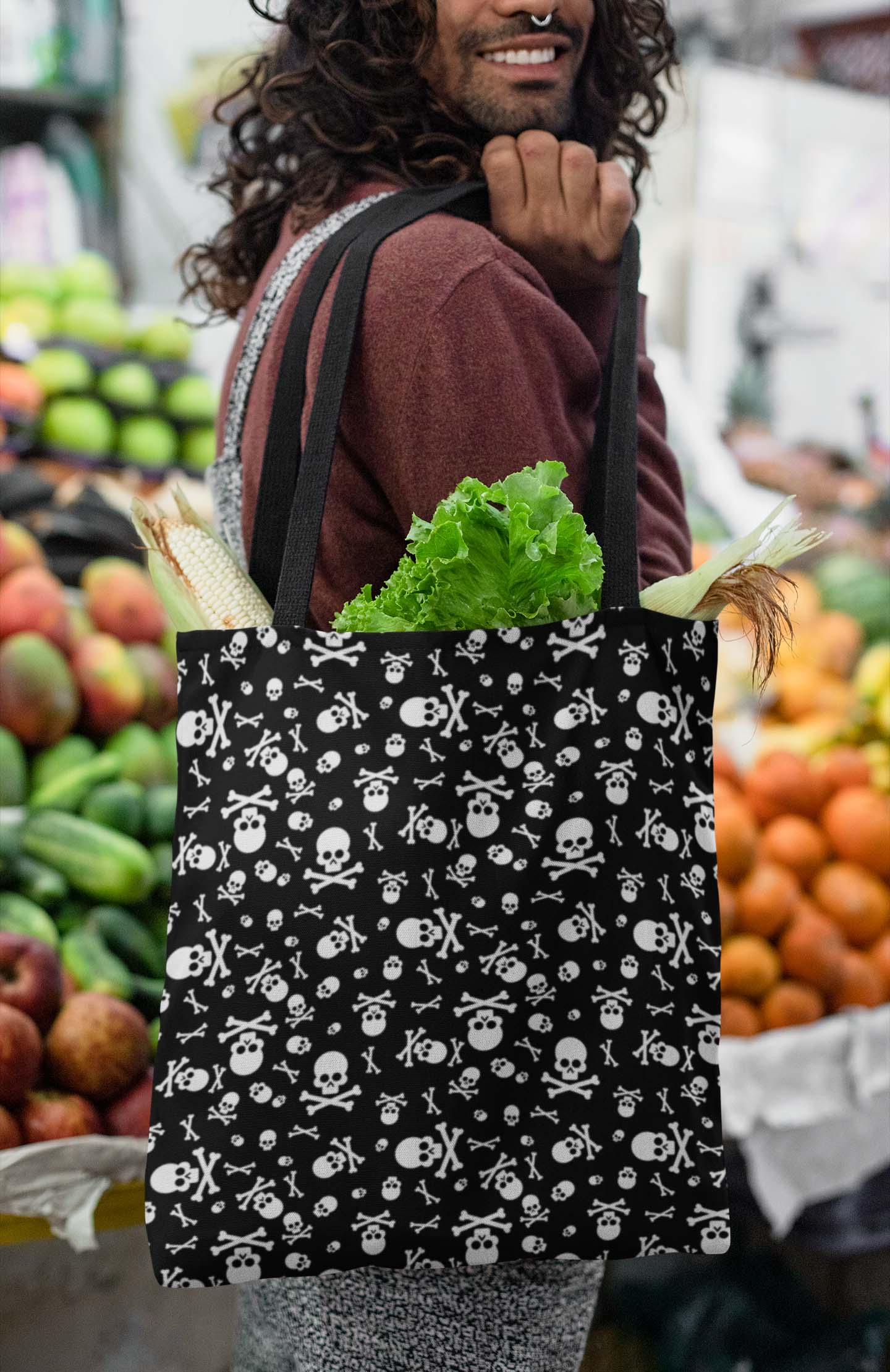 Skull and Crossbones Tote Bag, Goth Tote Bag, Polyester Canvas Tote Bag, Shopping Bag, Reusable Tote