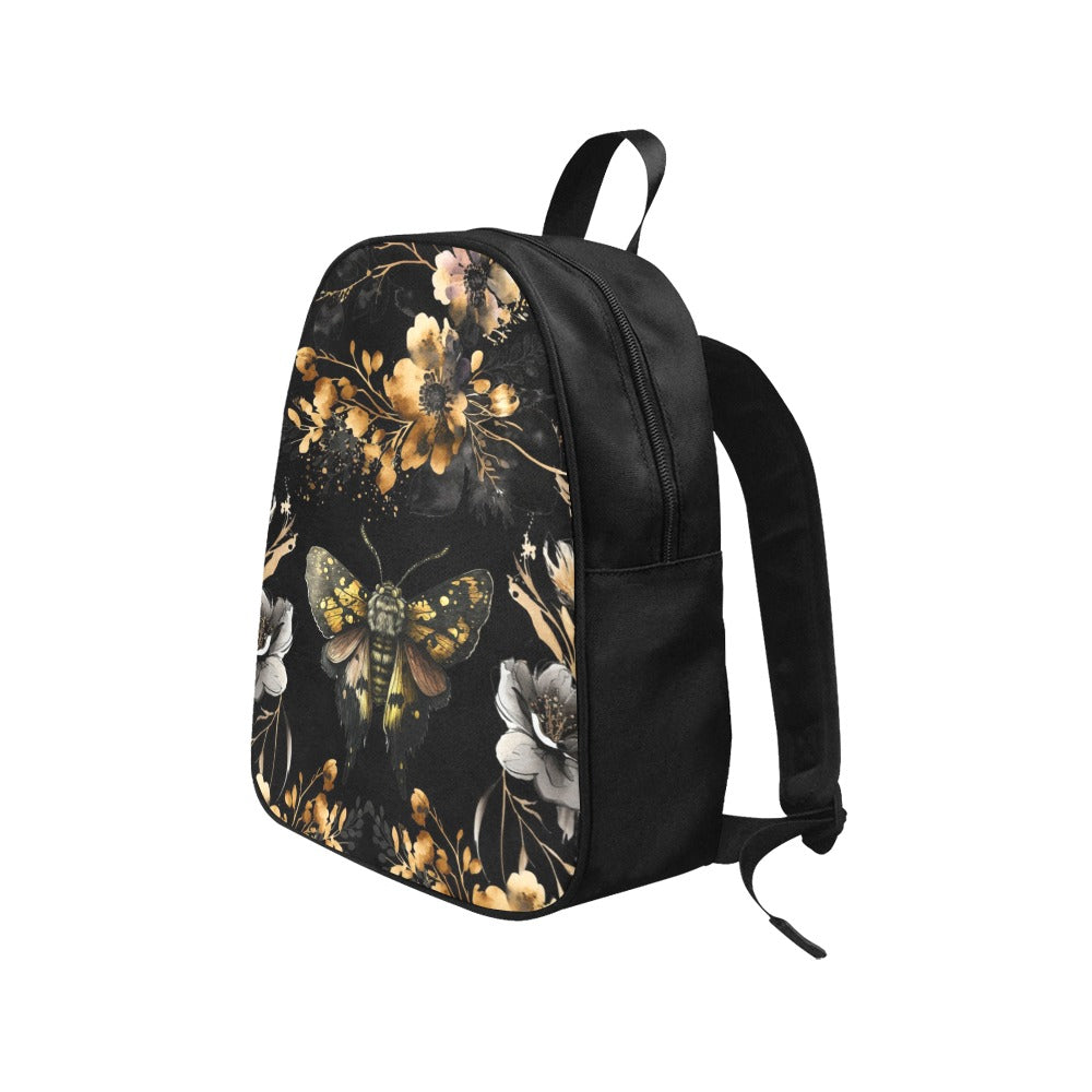 gold and black luna moth and flowers back pack