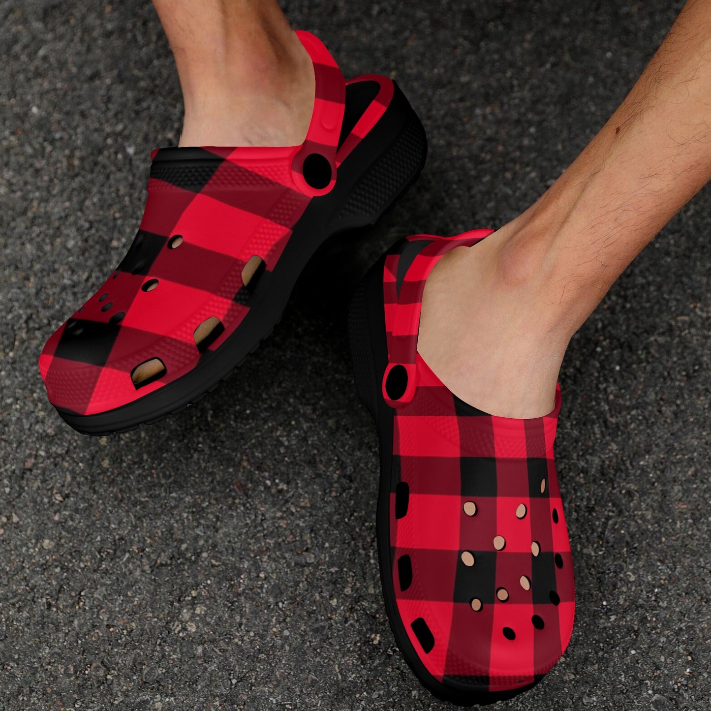 Buffalo Plaid Clogs, Red Black Adult Shoes