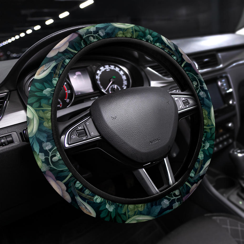 Mystical Green Flowers & Bird Steering Wheel Cover