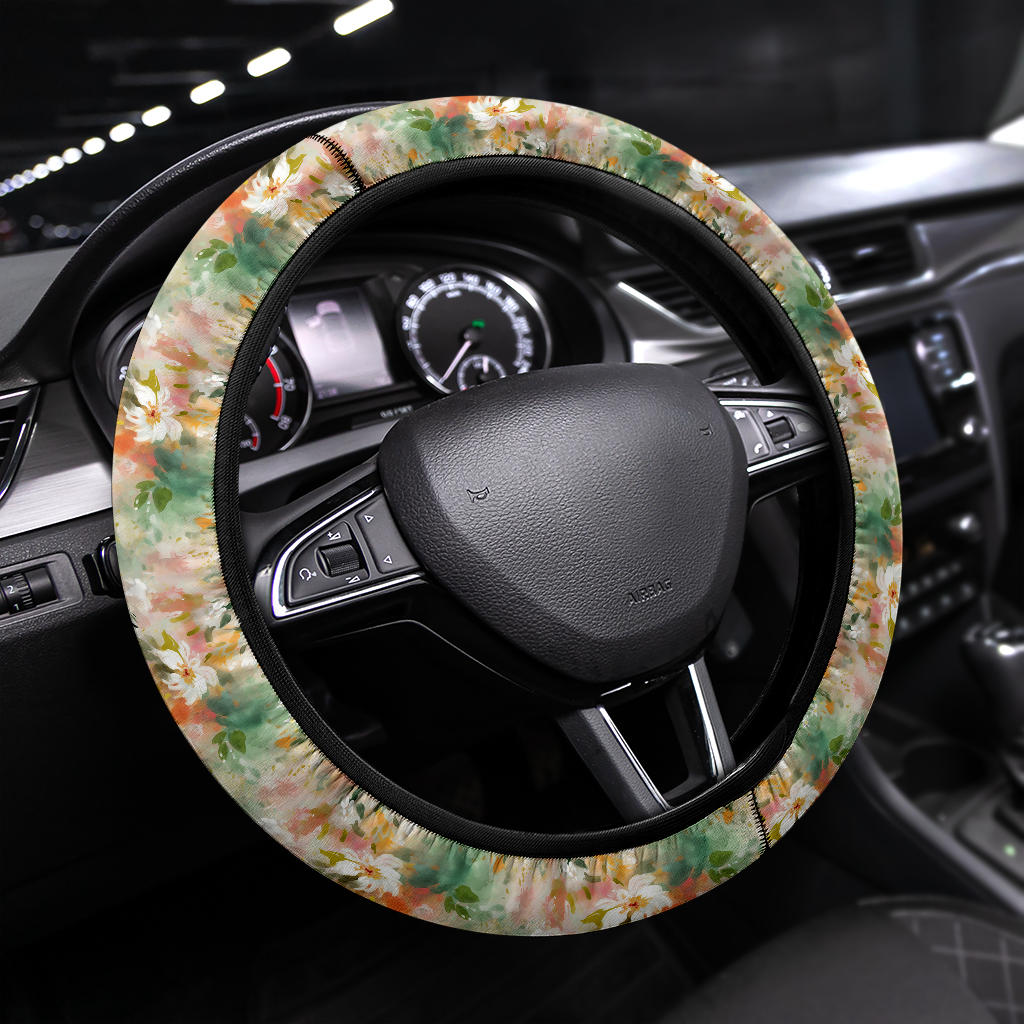 Watercolor Green Peach Floral Steering Wheel Cover