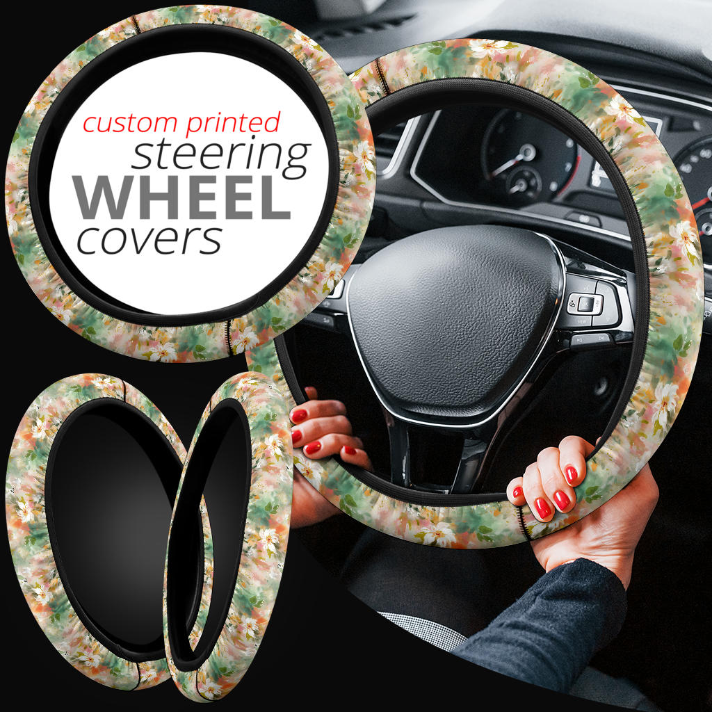 Watercolor Green Peach Floral Steering Wheel Cover