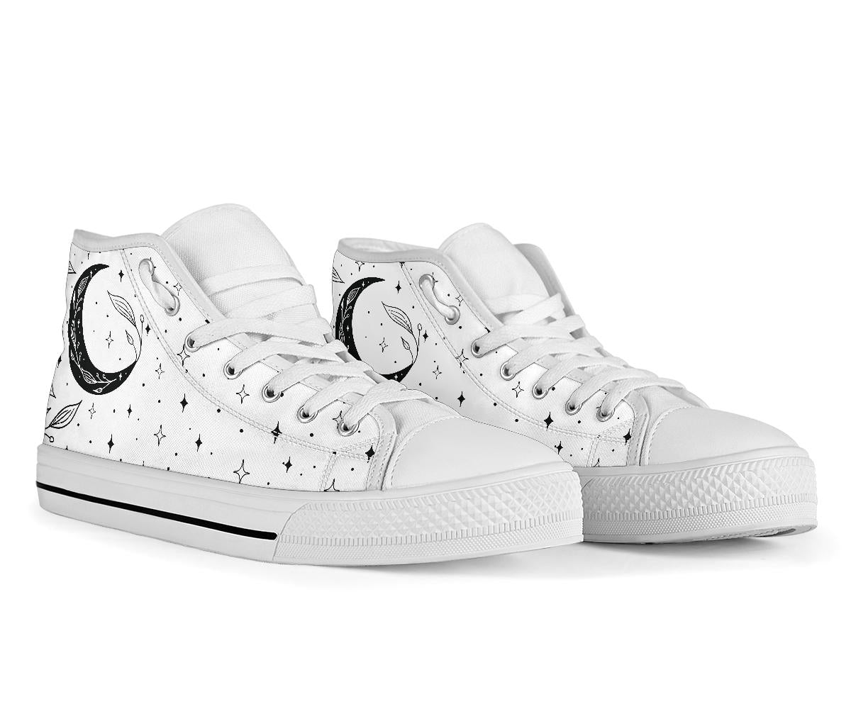 white moon sneakers, witchy high tops mens moon shoes, womens moon shoes