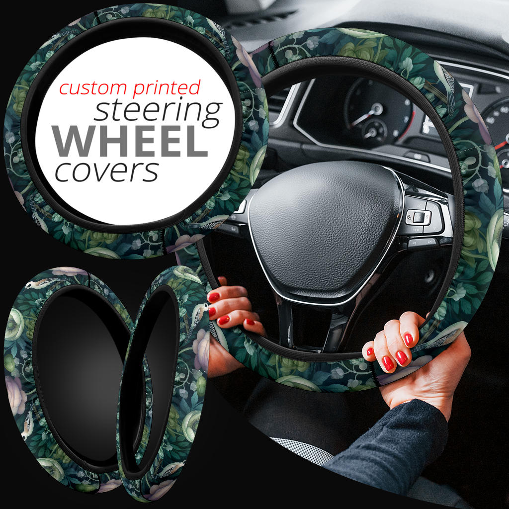 Mystical Green Flowers & Bird Steering Wheel Cover
