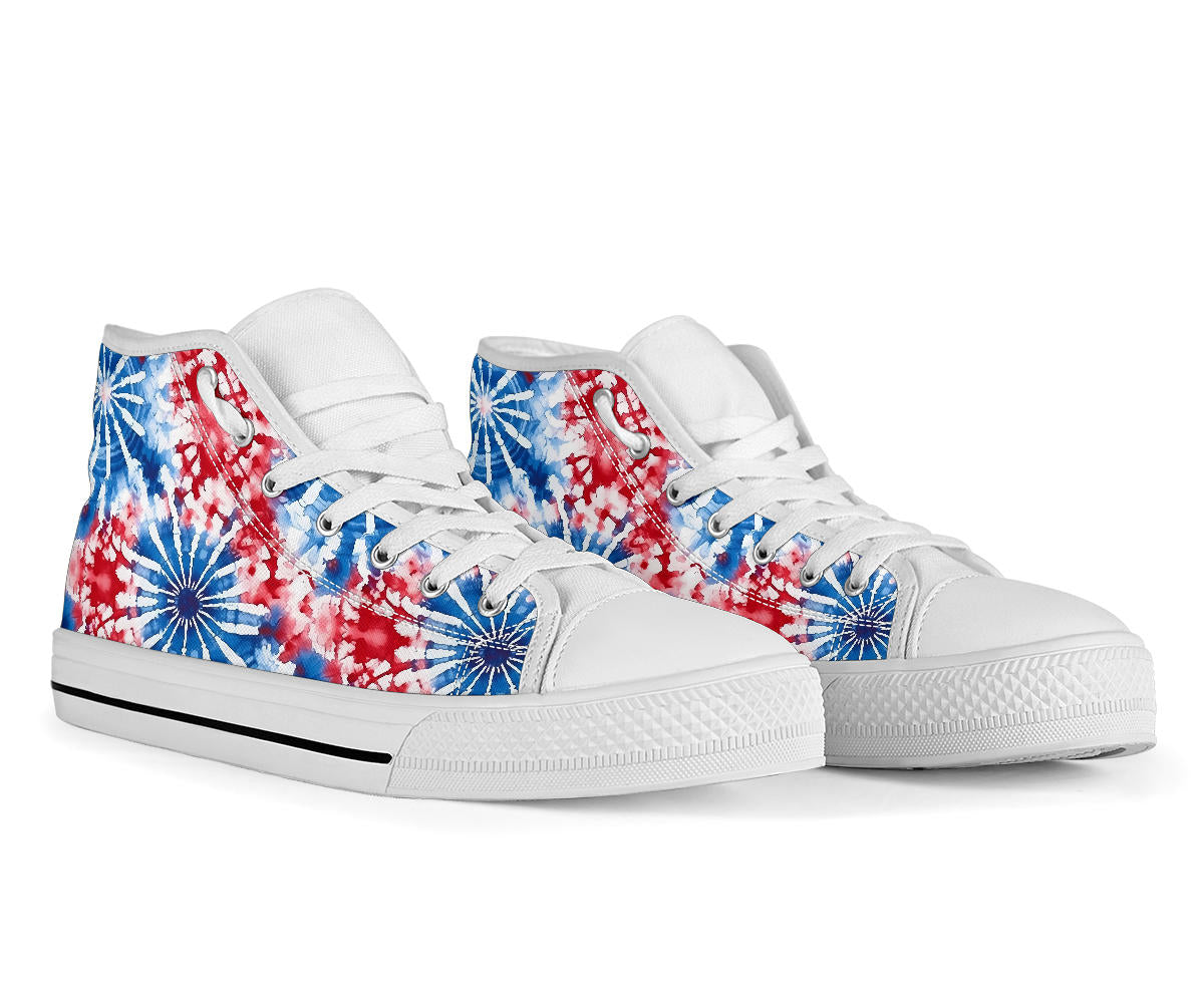 patriotic tie dye shoes, high top sneakers red white blue