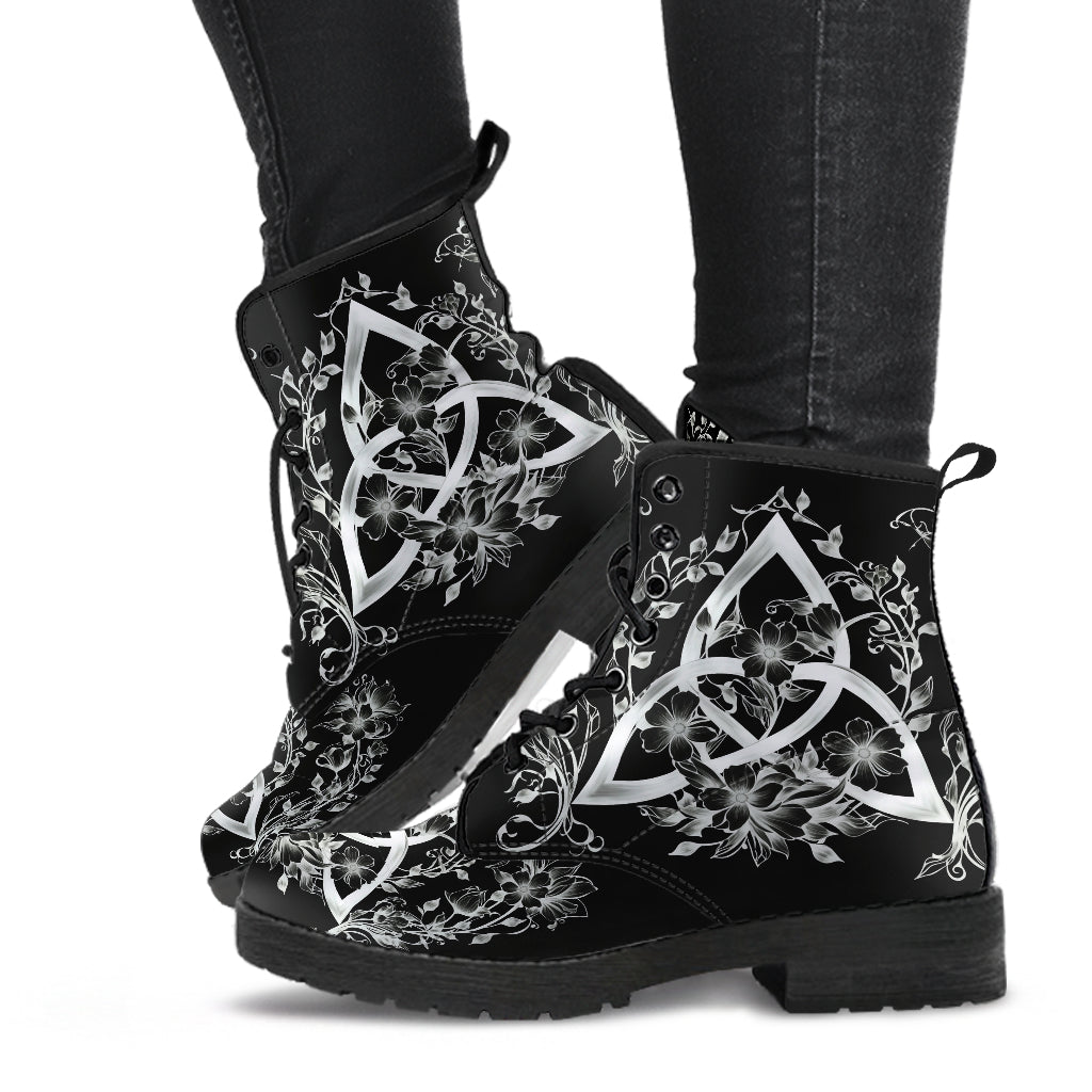 Black Floral Triquetra Vegan Ankle Boots