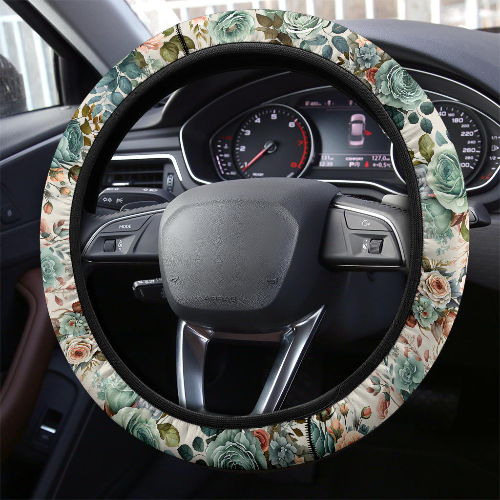 Vintage Green Flowers Steering Wheel Cover