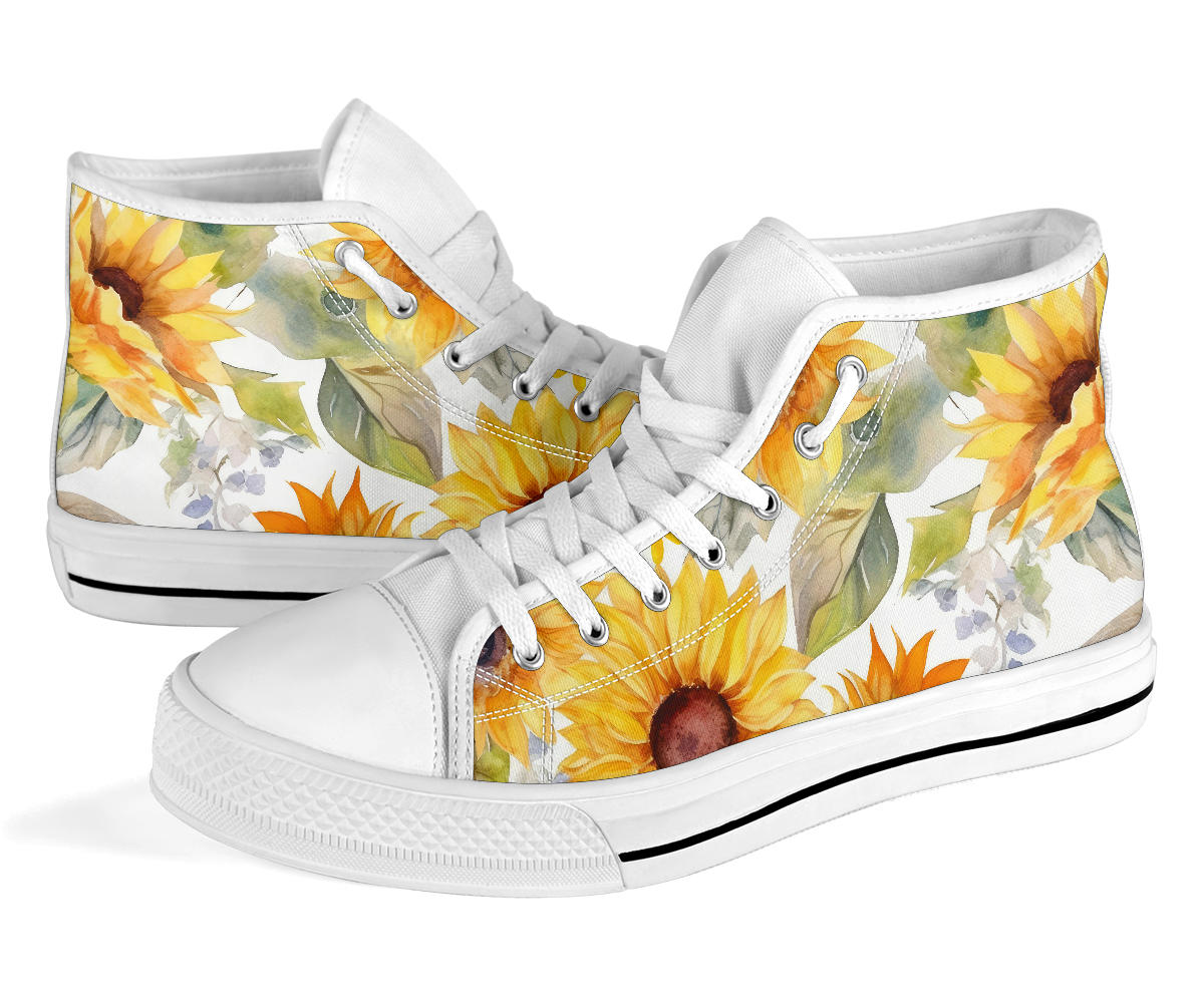 summer sneakers, sunflower high top shoes, yellow flowers