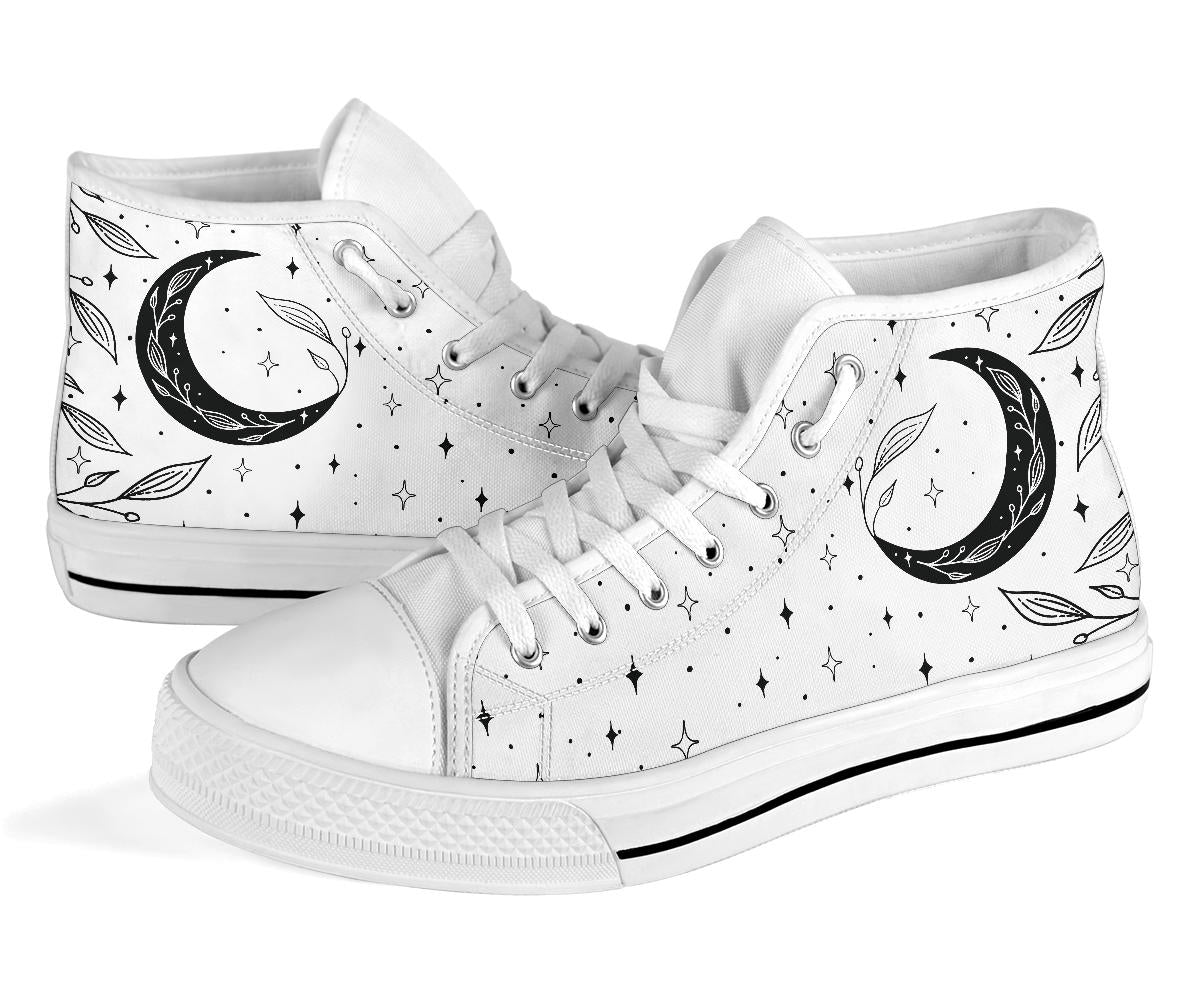 white moon sneakers, witchy high tops mens moon shoes, womens moon shoes
