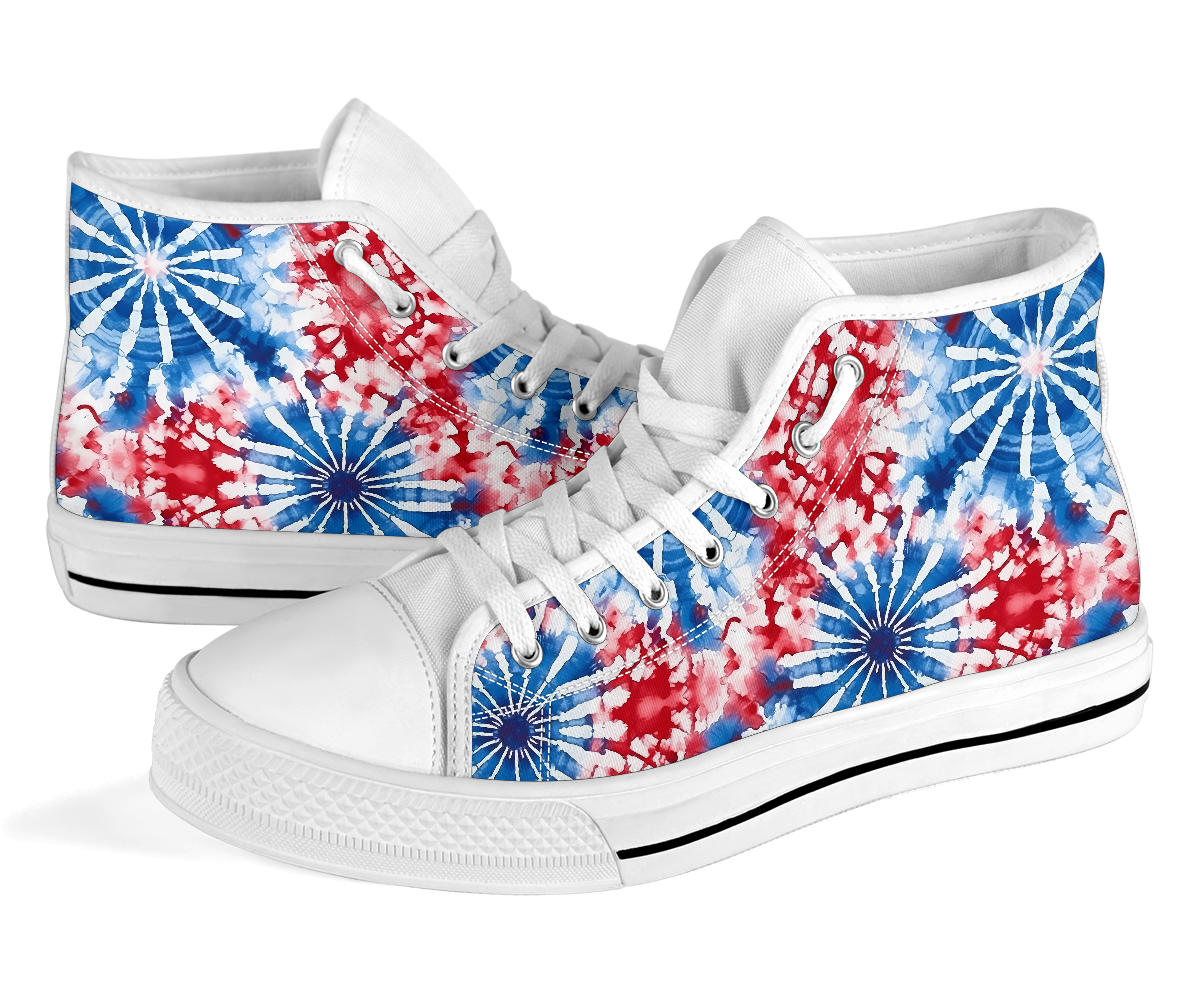 patriotic tie dye shoes, high top sneakers red white blue