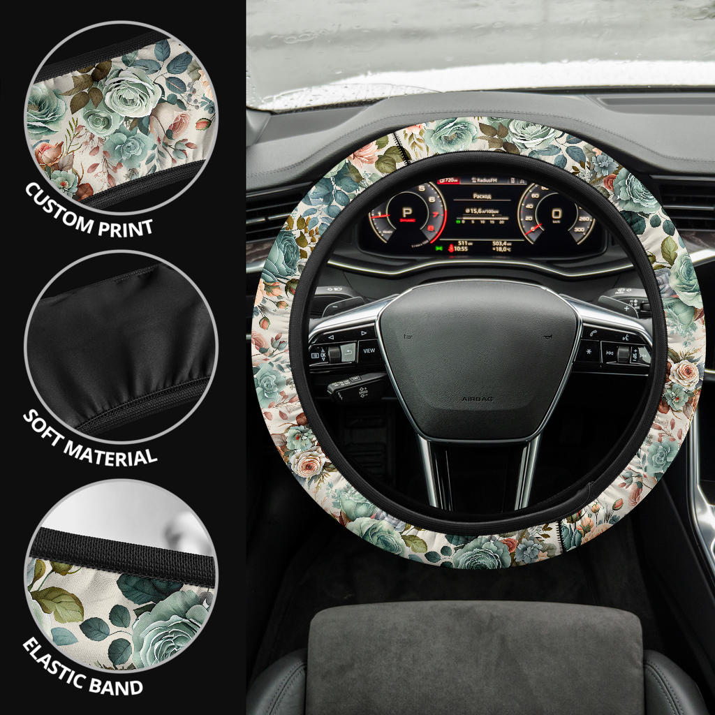 Vintage Green Flowers Steering Wheel Cover