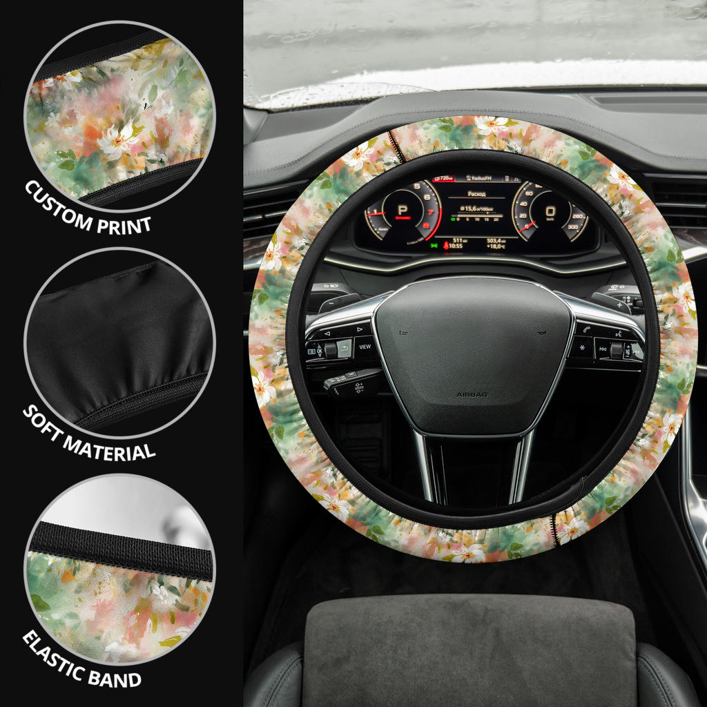 Watercolor Green Peach Floral Steering Wheel Cover