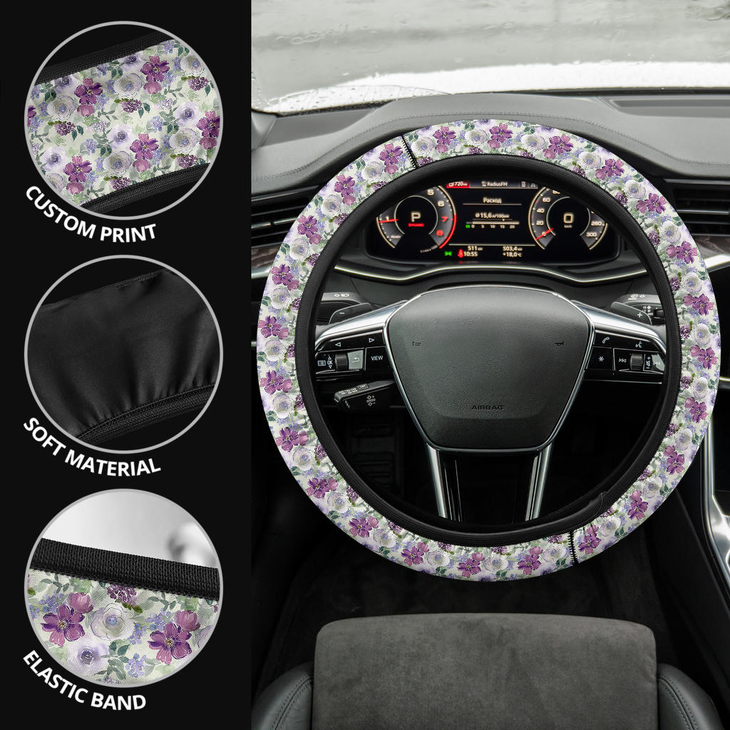 Purple Flowers Steering Wheel Cover
