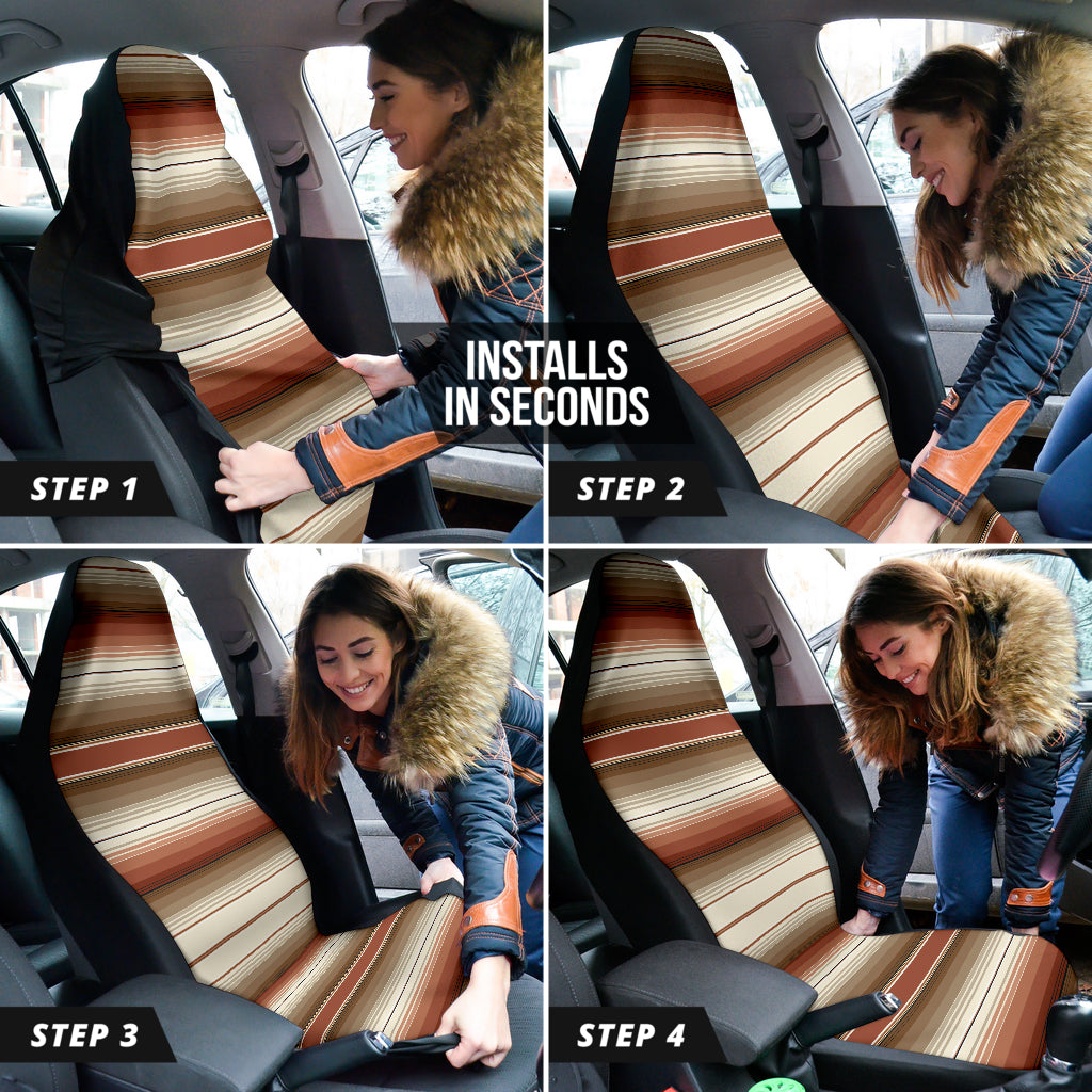 brown serape car seat covers, rust brown striped seat covers, Mexican blanket print, Southwestern, Baja