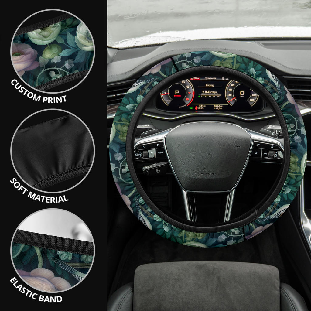 Mystical Green Flowers & Bird Steering Wheel Cover