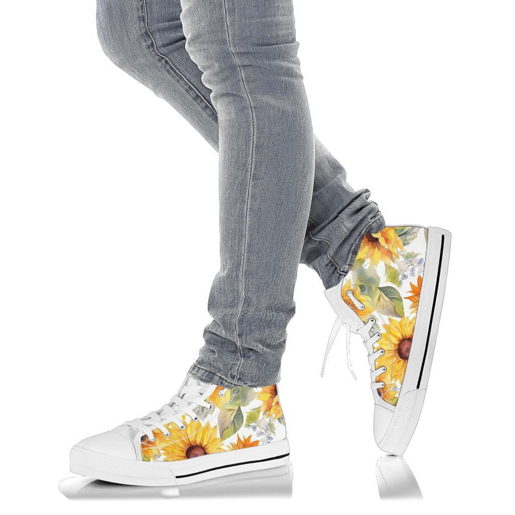 summer sneakers, sunflower high top shoes, yellow flowers