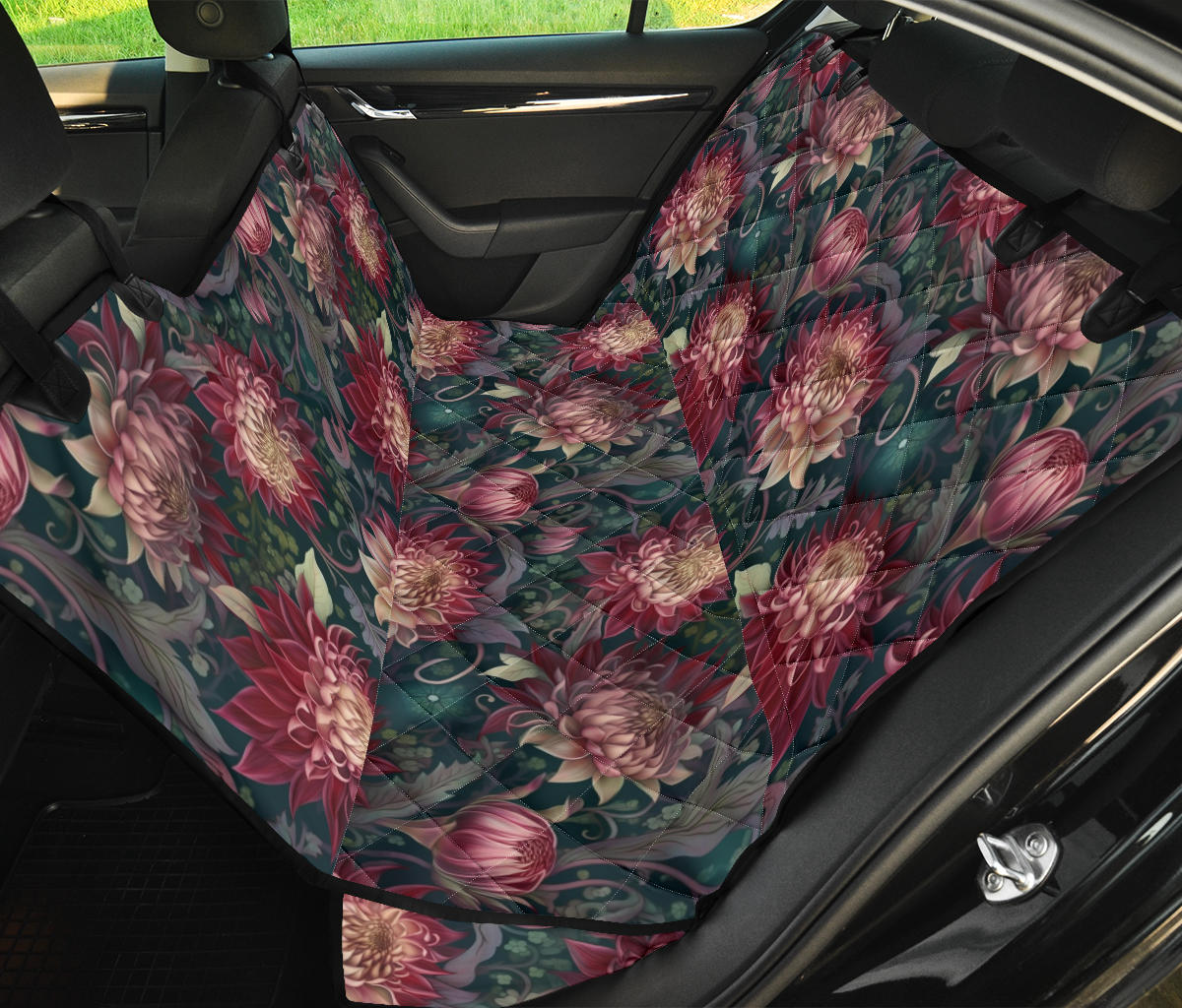 Dark Red Floral Pet Seat Cover for Car Back Seat