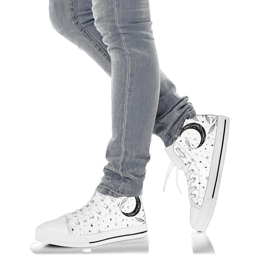 white moon sneakers, witchy high tops mens moon shoes, womens moon shoes