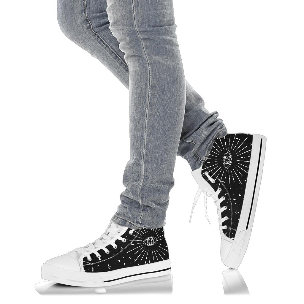 psychic eye shoes, black high top sneakers, witchy shoes