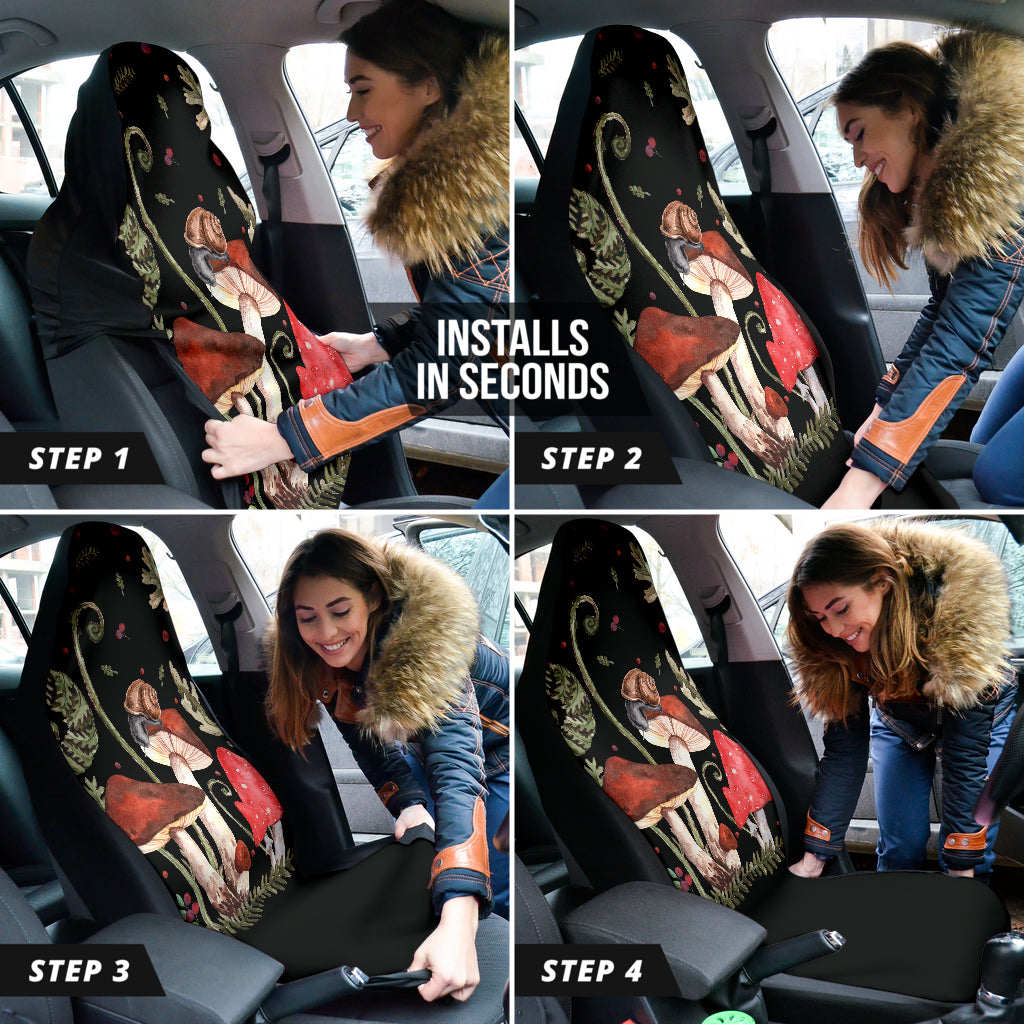 witchy mushrooms car seat covers, cottagecore ferns berries snails
