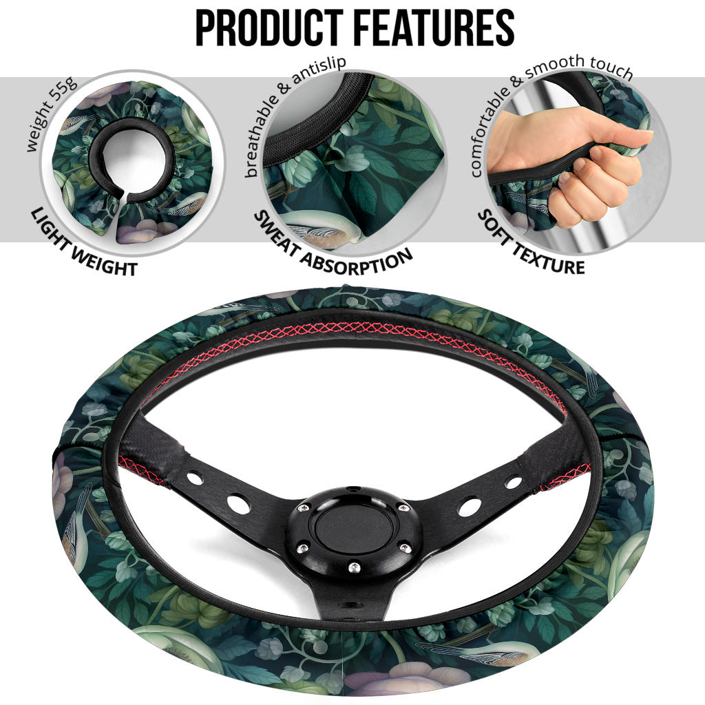 Mystical Green Flowers & Bird Steering Wheel Cover