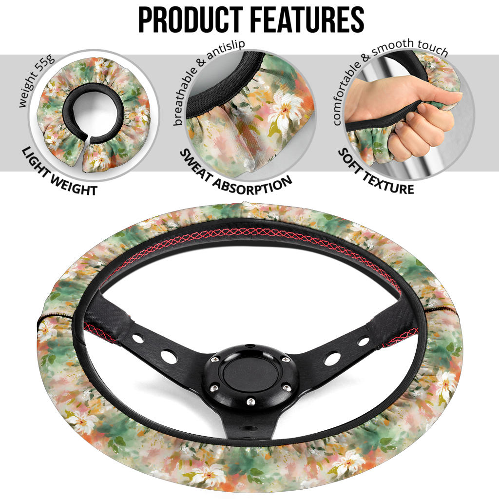 Watercolor Green Peach Floral Steering Wheel Cover