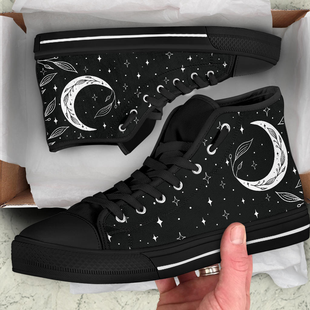witchy sneakers, black moon shoes, celestial high tops