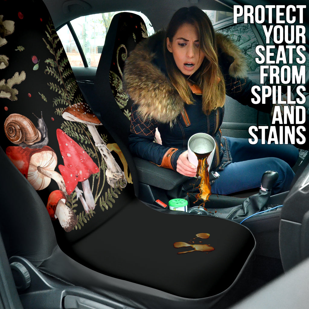 witchy mushrooms car seat covers, cottagecore ferns berries snails