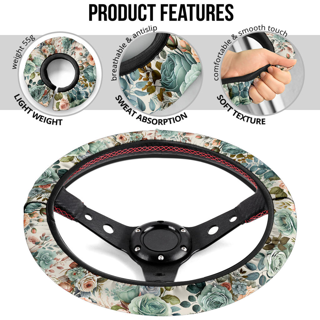 Vintage Green Flowers Steering Wheel Cover