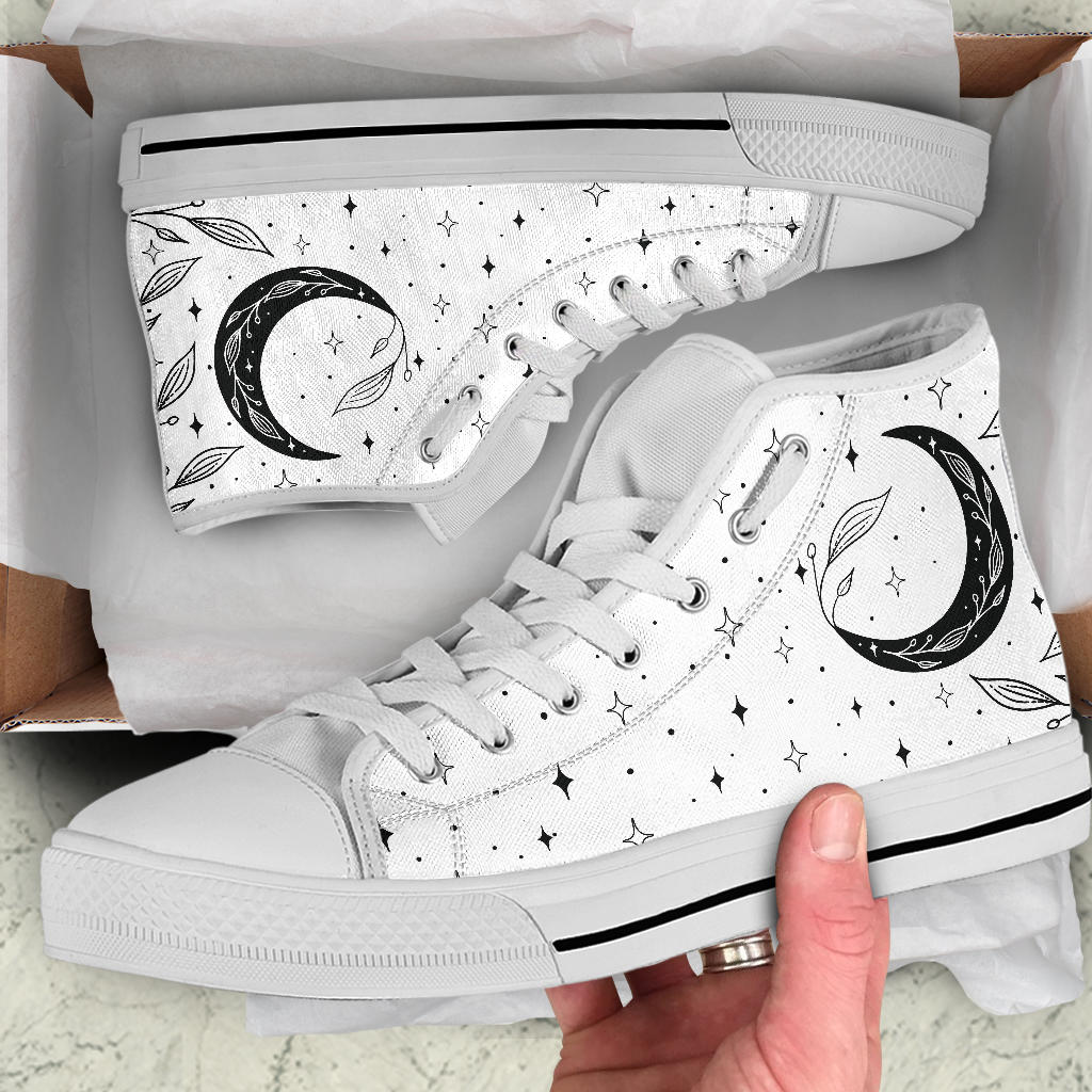 white moon sneakers, witchy high tops mens moon shoes, womens moon shoes