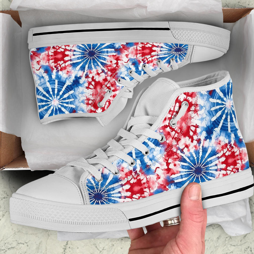 patriotic tie dye shoes, high top sneakers red white blue