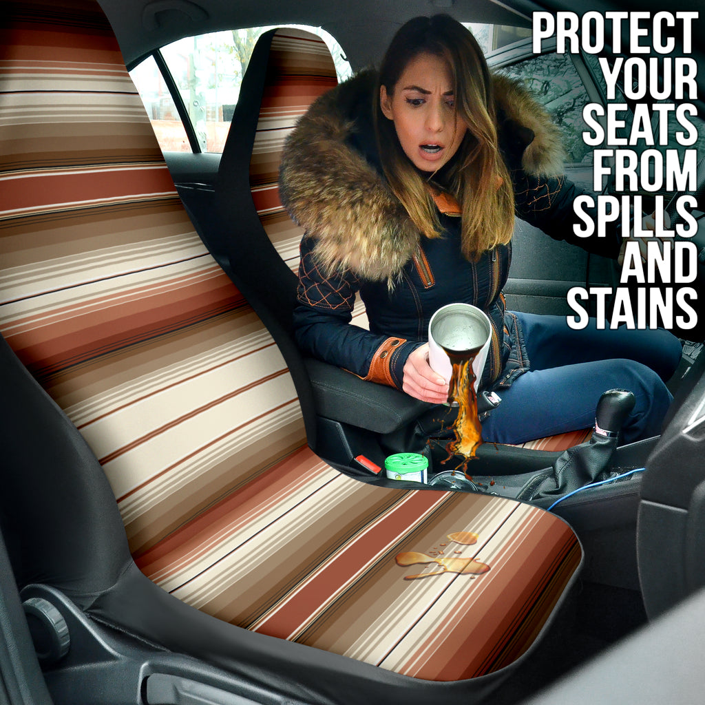 brown serape car seat covers, rust brown striped seat covers, Mexican blanket print, Southwestern, Baja