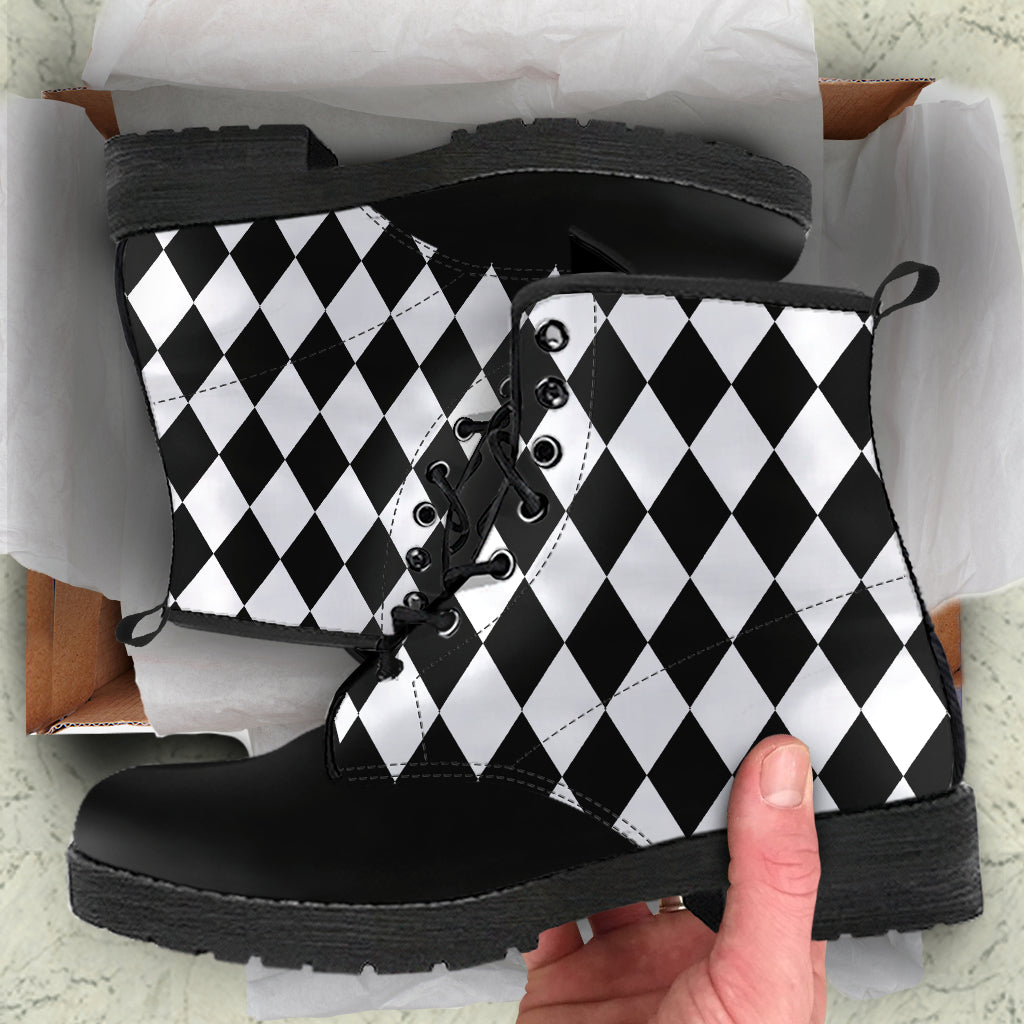 B&W Harlequin Ankle Boots, Lace Up Harley Boots