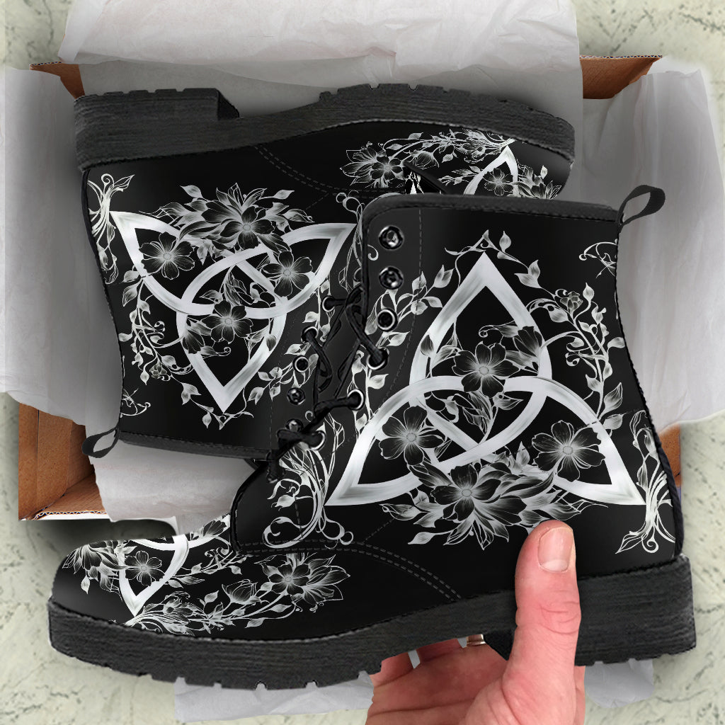 Black Floral Triquetra Vegan Ankle Boots