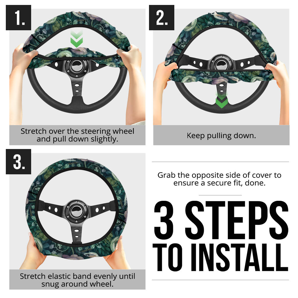 Mystical Green Flowers & Bird Steering Wheel Cover
