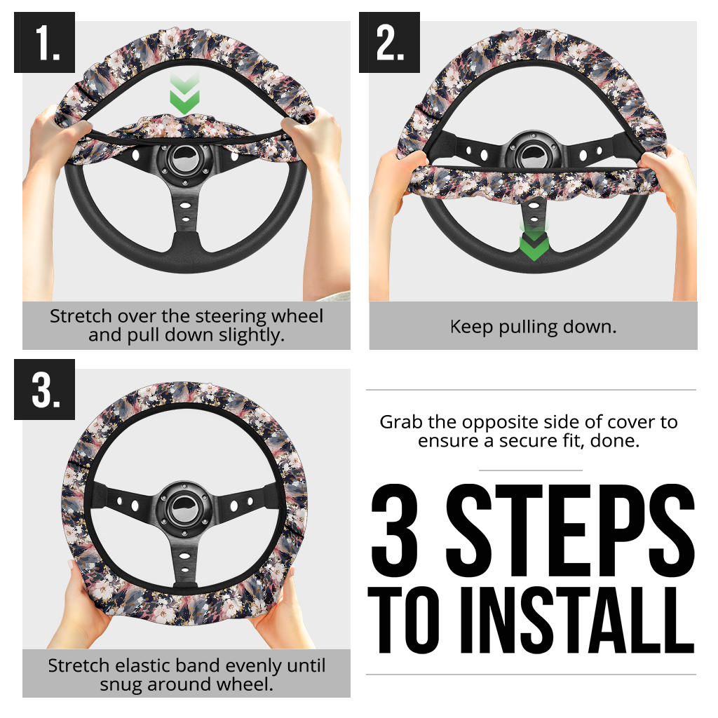 Black Pink Floral Steering Wheel Cover